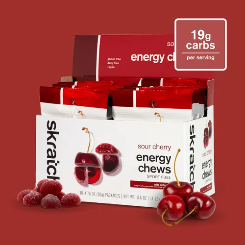 Miniatura 2 de Skratch Labs Energy Chews Gomitas de cafeína para correr, ciclismo y rendimiento deportivo, alternativa al gel, cereza agria (paquete de 10), sin