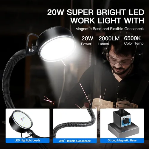 Miniatura 2 de Luz de trabajo LED magnética de 20W, 2000LM, cuello de cisne flexible de 19.685 in, para máquina de coser, torno, banco de trabajo, iluminación