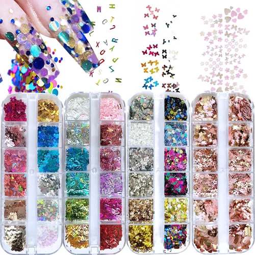 AddFavor Kit de 4 cajas de lentejuelas con purpurina para uñas, formas mixtas, mariposa holográfica, flor, corazón redondo, copos de arte de uñas