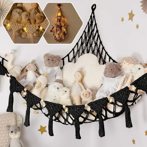 Miniatura 14 de TIDYTEDS Macramé DreamLights Hamaca de Red de Almacenamiento de Animales de Peluche Boho Extra Grande Soporte de Almacenamiento de Juguetes de Azul