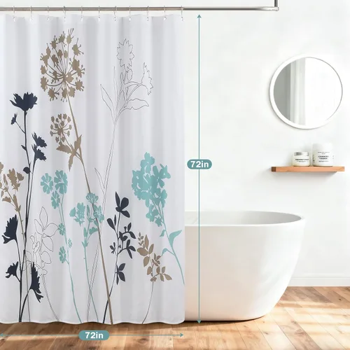 Miniatura 6 de Silhouette - Cortina de ducha con diseño de tela azul impermeable, diseño de plantas de poliéster blancas y azul marino, para baño, 72 pulgadas