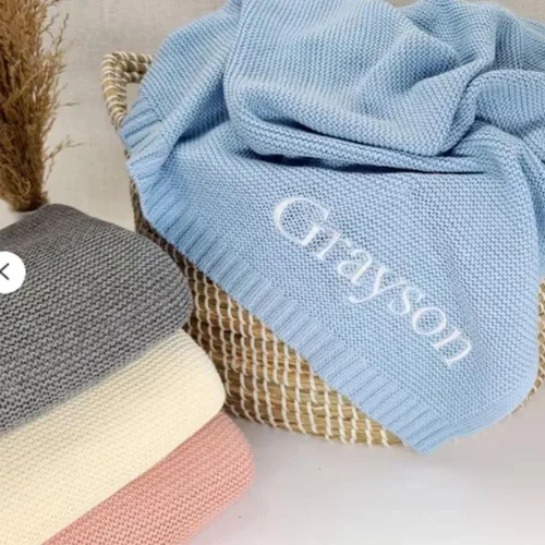 Manta de punto de algodón con nombre bordado personalizado para bebé, niño, niña, manta suave para baby shower, manta transpirable para cochecito