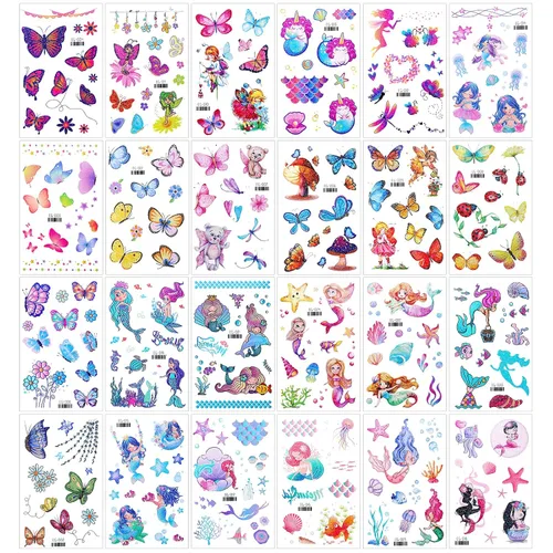 Miniatura 6 de Konsait Tatuaje Temporal con Purpurina para Niñas, 24 Hojas de Calcomanías de Tatuaje de Mariposa Sirena Hada Flores para Niños, Tatuajes Falsos