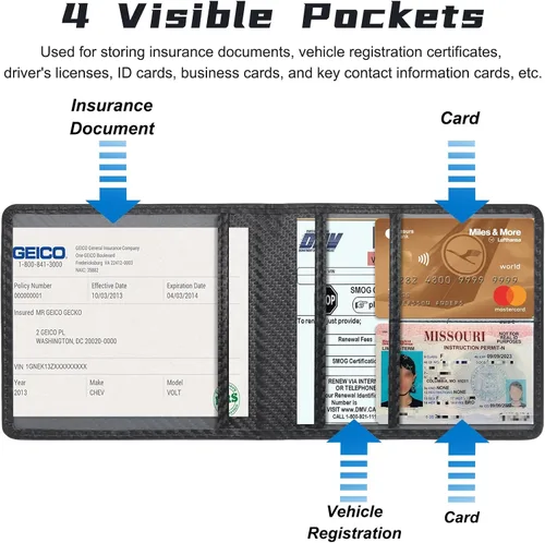 Miniatura 2 de Soporte para Registro y Seguro de Auto, Organizador de Guantera de Vehículo de Piel Sintética Premium - para Licencia de Conducir, Tarjetas y Negro