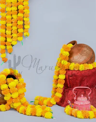 Miniatura 5 de Tira de flores artificiales Marubhumi, 5 unidades de 4,5 pies de largo, flores de caléndulas, guirnalda para decoración Diwali, decoración Amarillo