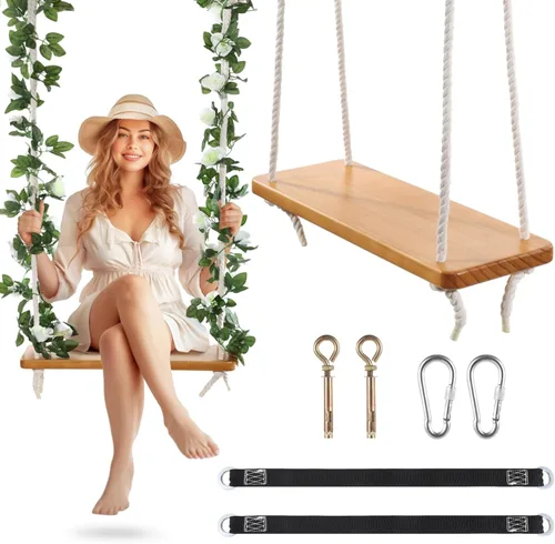 Miniatura 7 de Columpio de madera para árbol, columpio de madera para adultos/niños con capacidad de carga de 500 libras, asiento de columpio de madera