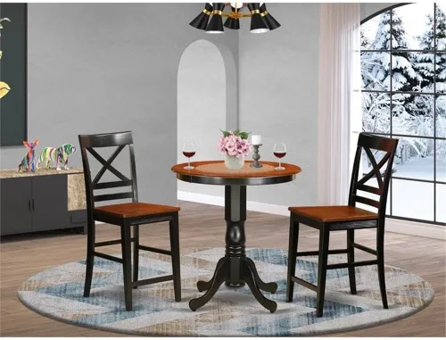 Miniatura 2 de East West Furniture EDQU3-BLK-W - Juego de mesa de comedor de 3 piezas de altura para encimera de cocina, contiene una mesa redonda de madera