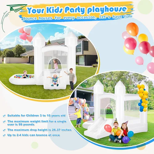 Miniatura 3 de Casa de rebote blanca para niños con bolas, casa inflable para interiores y exteriores, incluye soplador, fácil instalación, castillo animoso