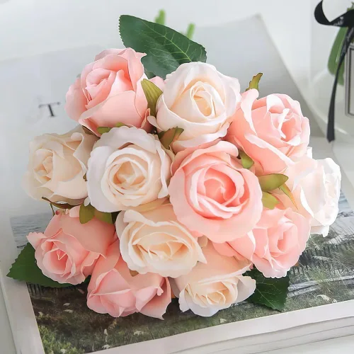 Miniatura 9 de Jasion - Rosas artificiales, arreglo de 12 cabezas, ramo de flores de seda para el hogar, oficina, fiestas, novia y decoración de boda