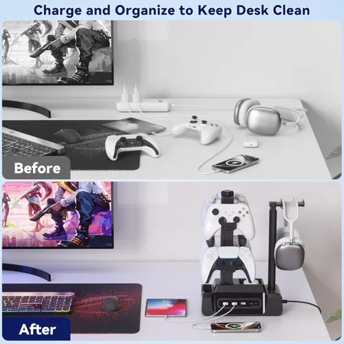 Miniatura 7 de KDD Estación de carga para múltiples dispositivos - Base de carga de 4 puertos con controlador y soporte para auriculares - 3 USB A y 1 USB C