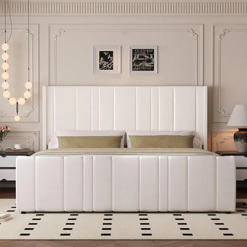 Miniatura 8 de HOMBCK Marco de cama tamaño matrimonial, plataforma tapizada en terciopelo, con cabecero y estribo de canal vertical, listones de madera, sin ruido