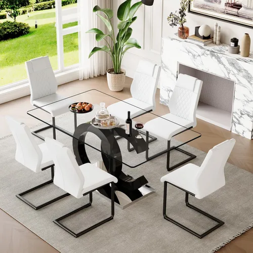 Miniatura 20 de gopop Mesa de comedor de cristal de 63 pulgadas, mesa de cocina moderna, mesa de comedor de vidrio transparente con patas de diseño único negro