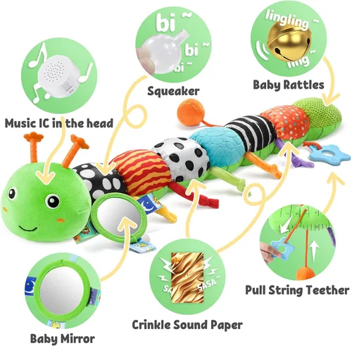 Miniatura 3 de LIGHTDESIRE Juguetes musicales para bebé, oruga, juguetes para bebés, animales de peluche con diseño de regla, espejo, cuerda de tirar y campana