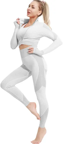 Conjunto deportivo de 3 piezas para mujer, sin costuras, de manga corta, brasier deportivo, cintura alta, pantalones cortos de yoga, Gris-01