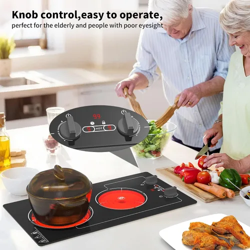 Miniatura 6 de GIHETKUT - Placa de cocina eléctrica, 110V 2100W, 9 niveles de potencia, 2 quemadores, control de botón y táctil, bloqueo para niños y temporizador