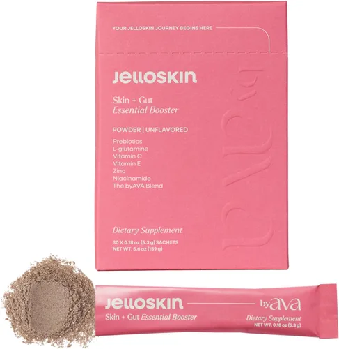 byAVA Jelloskin Skin + Gut Essential - Polvo de refuerzo prebiótico | L-glutamina 1500 mg, vitamina C, zinc, niacinamida | 30 porciones | Piel