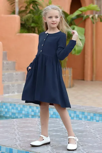 Miniatura 3 de Gorlya - Vestido de manga corta con botones y cintura plisada para niñas de 4 a 12 años