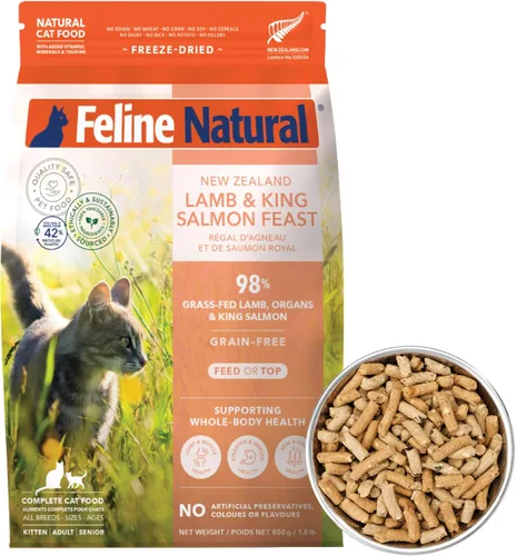 Miniatura 22 de Alimento para gatos seco de alta proteína de Feline Natural, dieta liofilizada con 98% carne, órganos y mariscos, sin guisantes, granos o aditivos
