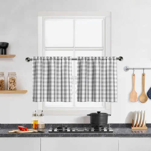 Miniatura 19 de Cortinas de Cocina Estilo Granja de Cuadros Vichy Blanco y Negro de 24 Pulgadas de Largo, Cortinas de Café de Media Ventana de Cuadros Buffalo