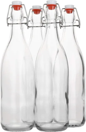 AYL Botella de vidrio abatible [1 litro / 33 onzas líquidas] [Paquete de 4] – Botella de cerveza oscilante con tapón para bebidas, aceite, vinagre,