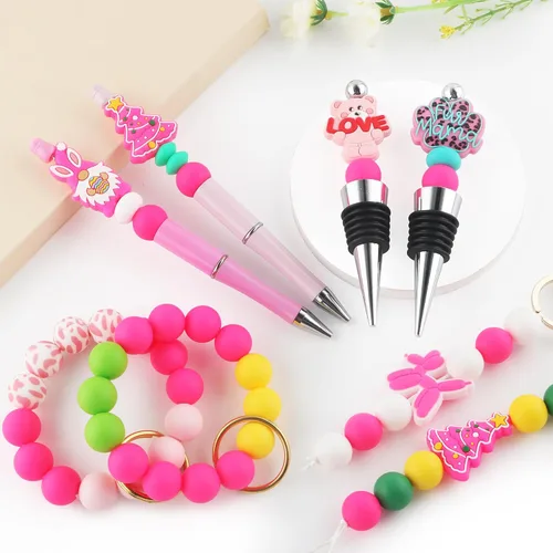 Miniatura 3 de Sunrony 70 cuentas de silicona para hacer collares, cuentas redondas de silicona a granel de 0.59 pulgadas para bolígrafos (rosa intenso)