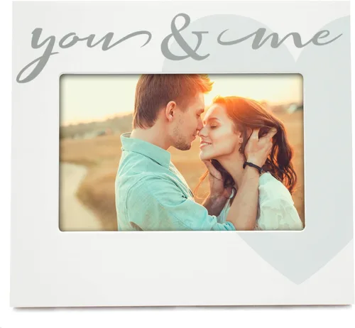 Marco de fotos romántico blanco de 4 x 6, diseño de corazón You & Me, construcción de MDF, pantalla de mesa de vidrio real, regalo ideal para