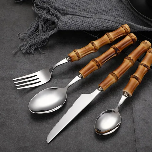 Miniatura 3 de Juego de cubiertos de bambú para 4, 20 piezas de cubiertos de acero inoxidable 18/8, juego de cubiertos de mango de bambú natural, utensilios