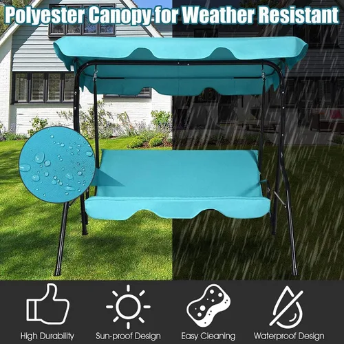 Miniatura 5 de Silla de columpio con toldo de 3 plazas, asiento acolchado impermeable para exteriores con toldo ajustable y extraíble, marco de acero, tela