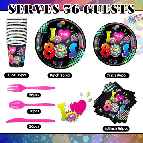 Miniatura 2 de Yungyan Juego de 252 platos y servilletas retro de los años 80 I Love the 1980s Party Decor Back to the 80s Servilletas platos, vasos, cuchillos