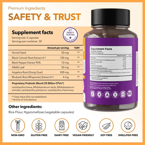Miniatura 7 de Suplemento completo de apoyo para la menopausia para mujeres Sinbiótico de menopausia con cohosh negro, Dong Quai, raíz de ruibarbo Ayuda a