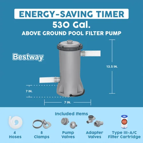 Miniatura 2 de Bestway Flowclear - Cartucho de bomba de filtro de agua para piscina sobre el suelo, 530 galones por hora, 120 voltios con temporizador de apagado