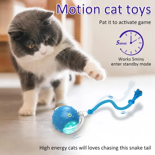 Miniatura 3 de Giociv Pelota de juguete interactivo para gatos de interior que rueda rápidamente sobre alfombra, con chirridos y activación por movimiento (azul)