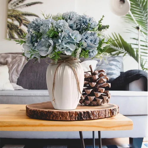 Miniatura 2 de Flores artificiales de peonías en jarrón, ramo de flores de peonía de seda de hortensias falsas con florero, arreglo de flores sintéticas, Azul