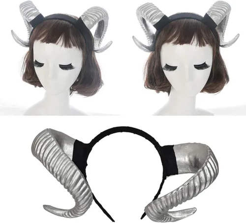 Miniatura 3 de NUOBESTY Diadema de cuerno de oveja, diadema de cuernos de demonio del diablo para disfraz de Halloween, cosplay, accesorios de fotos (plateado)