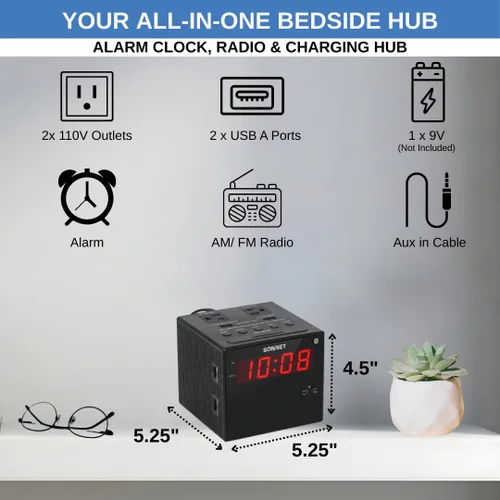 Miniatura 6 de Sonnet Estación de carga de reloj despertador, radio AM FM, puertos de carga USB duales, salidas de CA duales, reloj despertador muy fuerte