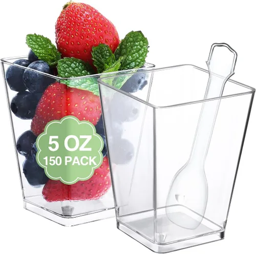 Miniatura 11 de SHOPDAY Vasos de postre de plástico de 5 onzas, paquete de 50 tazas pequeñas de parfait cuadrado transparente con cucharas, mini vasos de plástico
