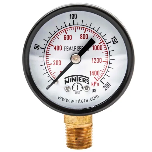 Miniatura 6 de Winters - Medidor de presión en seco de utilidad económica, interior de latón potable, caja de acero, escala doble 0-160 psi/kPa, 3-2-3%