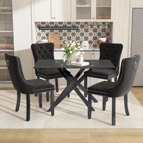 Miniatura 18 de Juego de mesa de comedor de 51 pulgadas de vidrio para 4, mesa de cocina rectangular de vidrio con 4 sillas tapizadas con acentos de terciopelo
