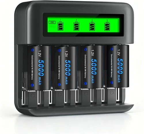 CITYORK Baterías recargables C con cargador, paquete de 4 baterías NiMH de 5000 mAh tamaño C con cargador de batería universal LCD inteligente para