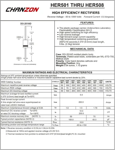Miniatura 2 de Paquete de 20 piezas Chanzon HER508 Diodo rectificador de alta eficiencia 5A 1000V 50-70ns DO-201AD (DO-27) Axial 5 Amp 1000 voltios Diodos