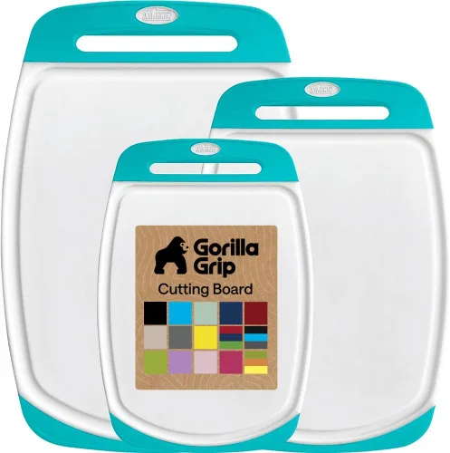 Miniatura 12 de GORILLA GRIP Juego de 3 tablas de cortar de cocina reversibles sin BPA, diseñadas en Estados Unidos, no porosas, ranuras para jugos, borde