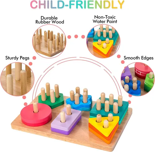 Miniatura 3 de Juguetes de clasificación y apilamiento de madera, juguetes Montessori para niños de 1, 2, 3 años, rompecabezas clasificador de formas con 24