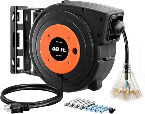 DEWENWILS Carrete de cable de extensión retráctil, cable de alimentación resistente de 40 pies, 12 AWG/3 C SJTOW, 3 tomas de tierra iluminadas con