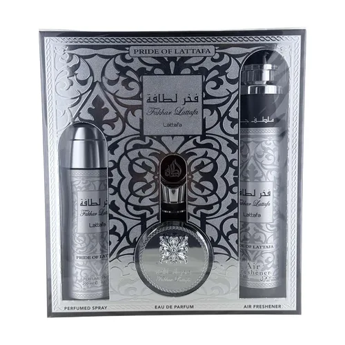 Lattafa Colección Fakhar - Fresco, amaderado, ámbar, almizclado - Set de regalo de 3 piezas para hombres (Eau de Parfum de 3.4 onzas + desodorante