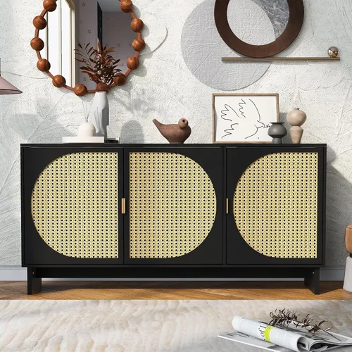 Miniatura 18 de KLMM Armario de almacenamiento moderno con puerta de ratán y estantes ajustables, soporte de TV para televisores de hasta 55 pulgadas, mesa consola