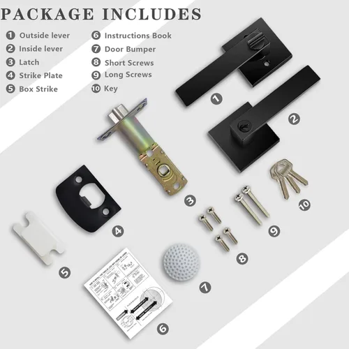 Miniatura 7 de Manija de puerta negra mate resistente, manija de puerta de entrada con llave igual, pomos de puerta con cerradura y llave, manija de puerta Negro