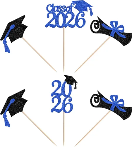 Miniatura 3 de Rsstarxi Paquete de 24 adornos para cupcakes de graduación 2026, con purpurina azul, para la clase de 2026, para diplomas, 24 piezas (6 diseños)
