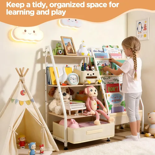 Miniatura 4 de Estantería para niños y almacenamiento de juguetes para habitaciones de niños, estantería para bebés con 4 estantes de eslinga y organizador