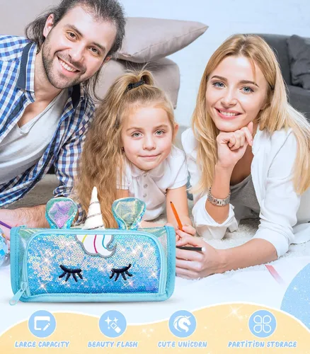 Miniatura 6 de Lindo estuche para lápices, estuche 3D para niñas y niños, bolsa brillante para lápices con lentejuelas para estudiantes, suministros escolares