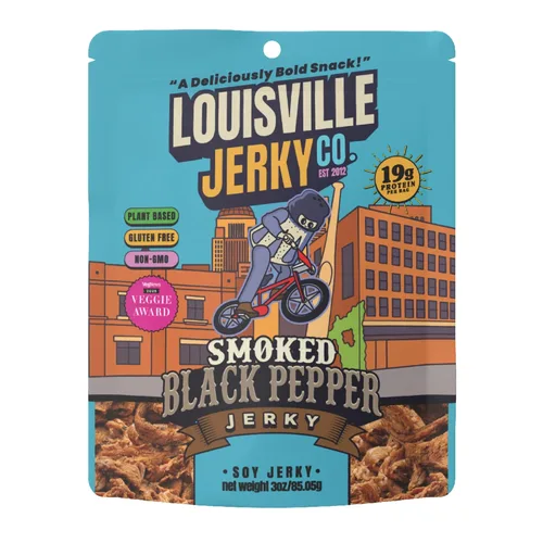 Miniatura 9 de Louisville Vegan Jerky - Carne vegana y vegetariana de pimienta negra ahumada, 0.67 oz de proteína de soja sin OMG, 310 calorías por bolsa